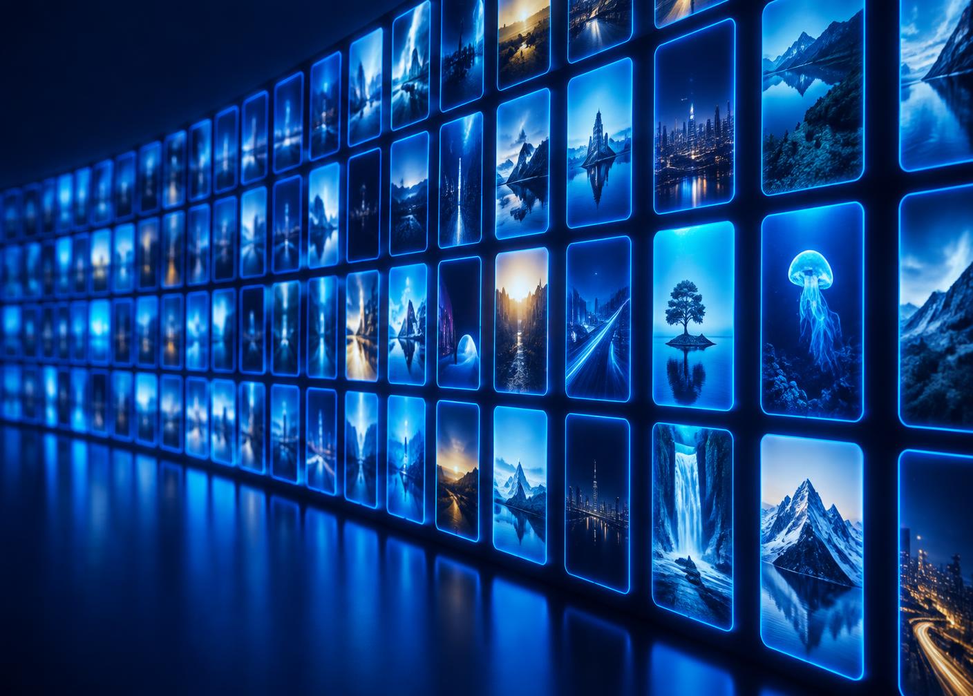 Grande parede de vídeos curtos iluminada em azul